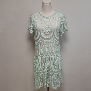 Jen's Pirate Booty for Free People Mint Green Crochet Sheer Mini Dress Small